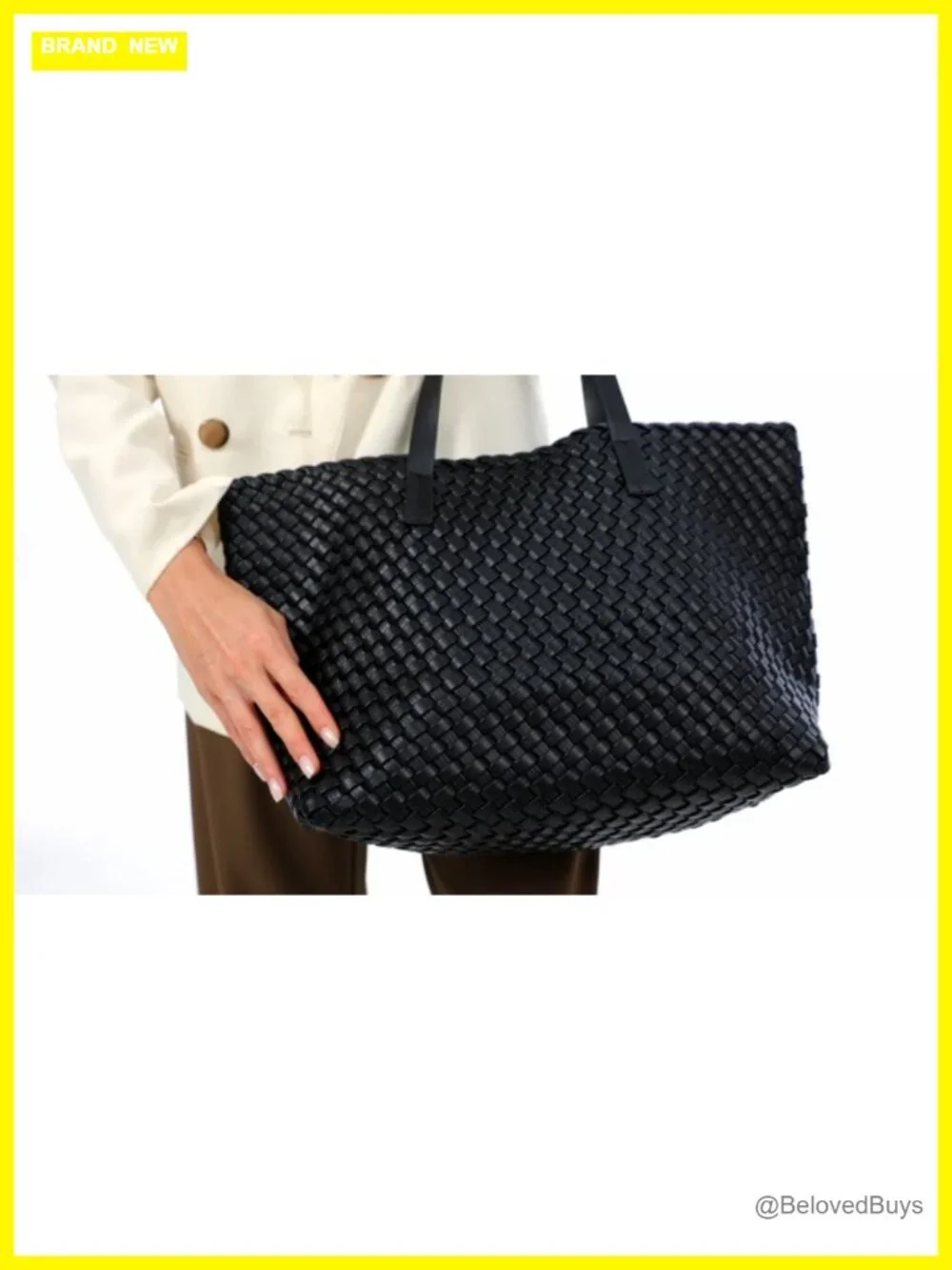 Woven Leather Large Capacity Tote Bag with Matching Pouch